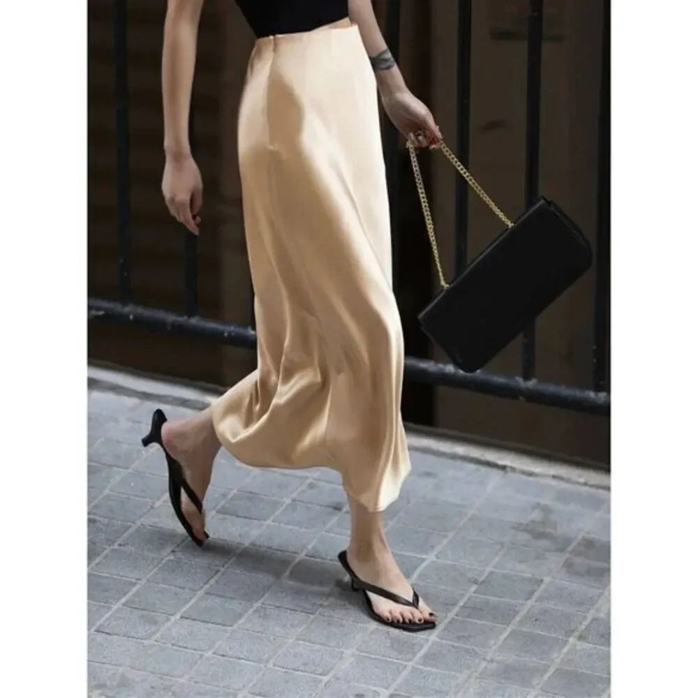 Commense Creamy Cappuccino Satin Midi Skirt with Side Slit Flowy A-Line Design L